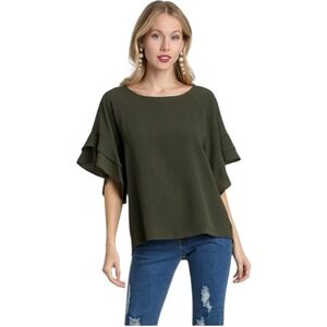 Umgee Green Relaxed Flutter Sleeve Blouse